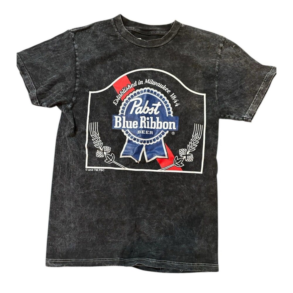 PBR Pabst Blue Ribbon SHIRT MENS SMALL BLACK BEER BREWING Bleach Dye